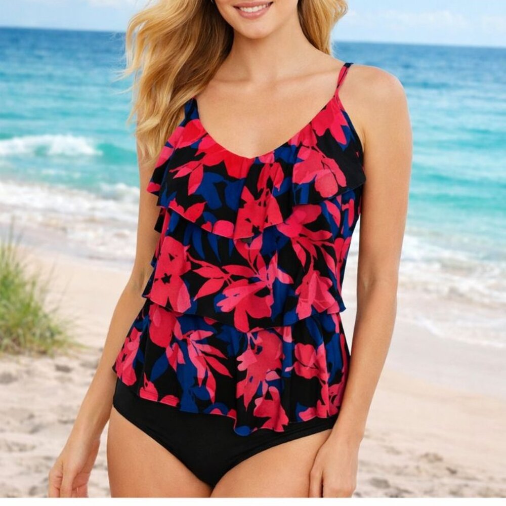Women's UPF 50 Tiered Tankini Top Aqua Green Multi Colored Floral Print Small